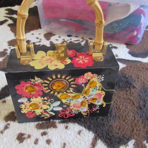 Vintage Floral And Butterfly Wooden Purse With Bamboo Handle And Red Lining